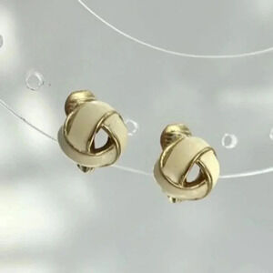Vintage Ivory Enamel Braided Tiny Classy Monet Signed Clip On Stud Earrings